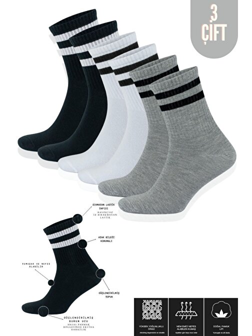 Erkek -  Kadın (3 ÇİFT) Çizgili Kolej Tenis Çorabı Pamuklu Terletmez Çorap