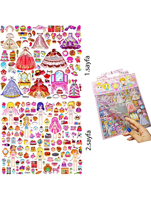 Çantalı Sticker Kabartmalı , İki Sayfalı Giydirme Sticker Seti, (WSY99 - 02) - 28X29 cm - Balo, Ayna, Anime Prenses Giydirme Kawai