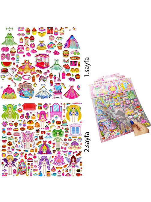 Çantalı Sticker Kabartmalı , İki Sayfalı Giydirme Sticker Seti, (WSY99 - 03) - 28X29 cm - Peri, İnci, Yatak  Anime Prenses Giydirme
