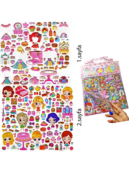 Çantalı Sticker Kabartmalı , İki Sayfalı Giydirme Sticker Seti, (WSY99 - 04) - 28X29 cm - Minik Prensesler, Şato Anime Prenses Giydirme