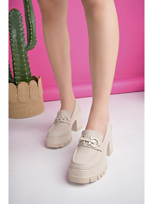 Muggo VALENCİA Garantili Kadın Kalın Topuklu Yuvarlak Burunlu Metal Tokalı Loafer Günlük Ayakkabı