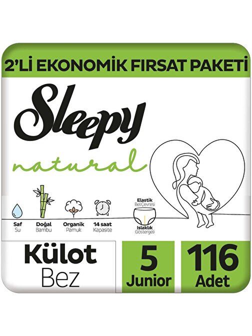 Sleepy Natural 2'li Ekonomik Fırsat Paketi Külot Bez 5 Numara Junior 116 Adet