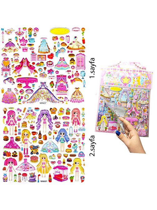 Çantalı Sticker Kabartmalı, İki Sayfalı Giydirme Sticker Seti (WSY99-07) - 28X29 cm - Prenses Elbiseli