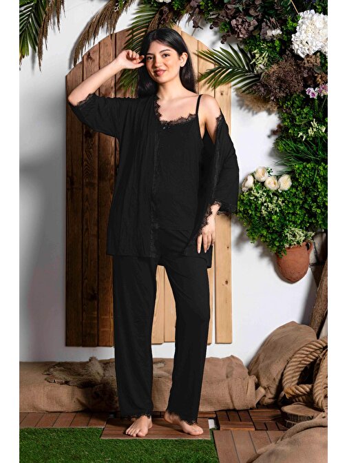 Sabahlıklı Dantel Detaylı Bambu Kadın Pijama Takımı-Çeyizlik Takım