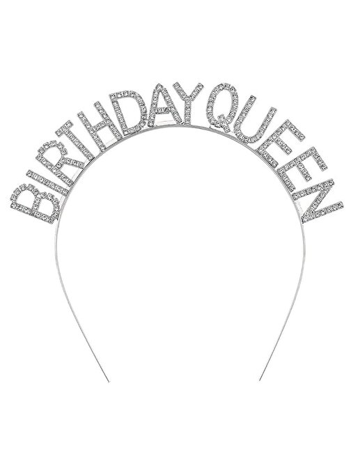 Gümüş Renk Kristal Taşlı Parlak Birthday Queen Yazılı Kraliçe Taç 16x17 cm