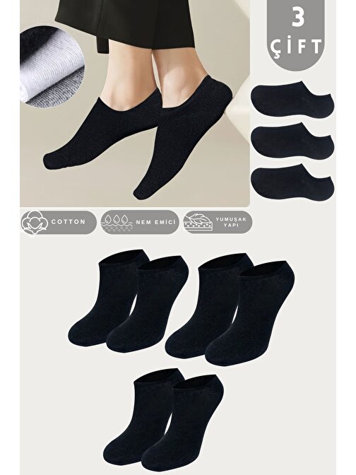 Kadın - Erkek Düz Desen (3 ÇİFT) Pamuklu Terletmez Yazlık Görünmez Çorap Seti