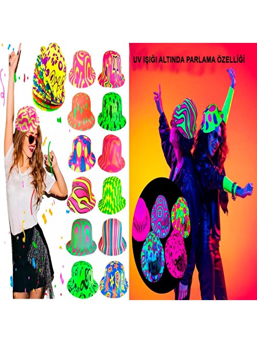 Himarry Farklı Desenlerde Plastik Neon UV Işık Parti Şapkası 1 Adet