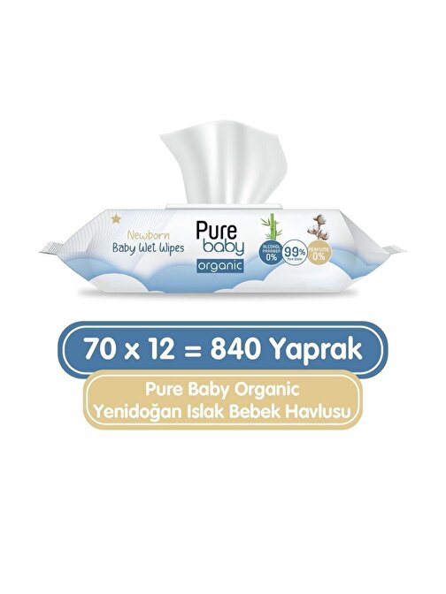 Pure Baby Organic Yenidoğan Islak Havlu 12 x 70 Adet 840 Yaprak