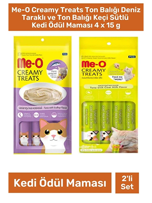 Me-O Creamy Treats Ton Balığı Deniz Taraklı ve Ton Balığı Keçi Sütlü  Kedi Ödül Maması 4 x 15 g