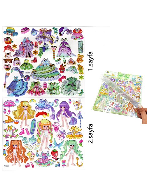 Sticker Kabartmalı Çantalı İki Sayfalı Giydirme Sticker Seti (ZYB-07) - 20x23 cm - Prenses Anime