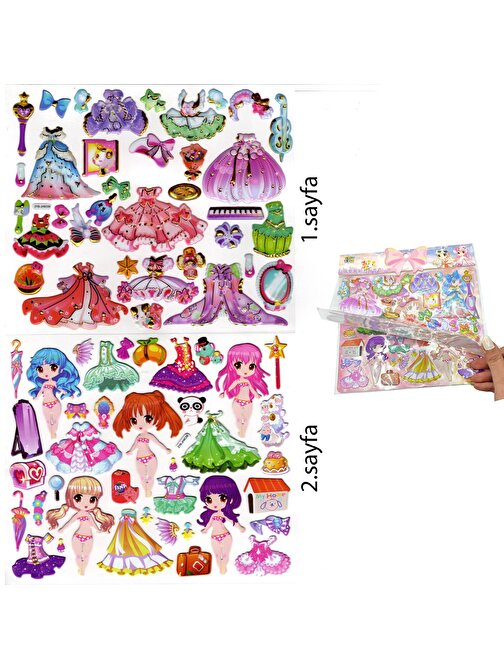 Sticker Kabartmalı Çantalı İki Sayfalı Giydirme Sticker Seti (ZYB-08) - 20x23 cm - Prenses Müzikal