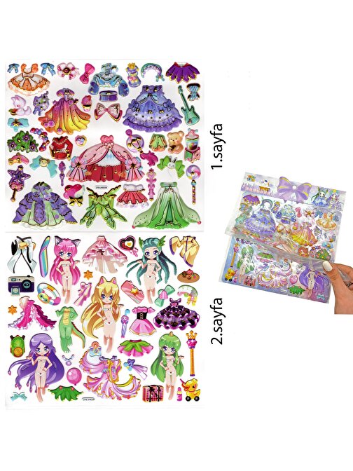 Sticker Kabartmalı Çantalı İki Sayfalı Giydirme Sticker Seti (ZYB-09) - 20x23 cm - Prenses Parti