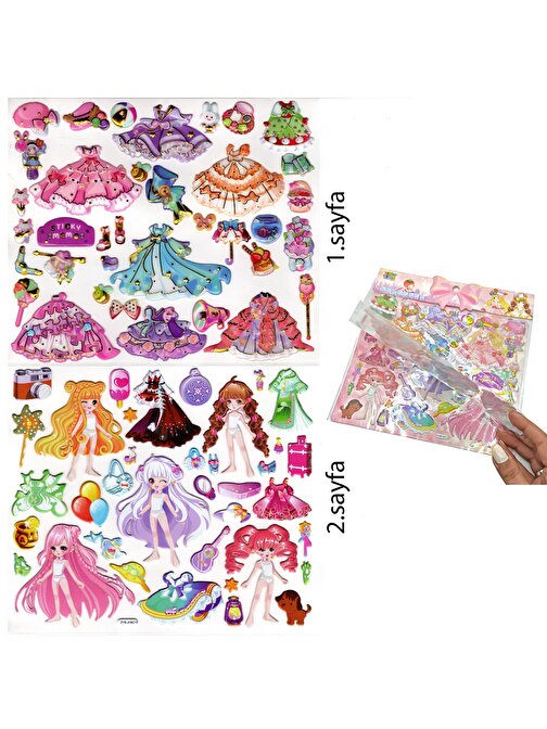 Sticker Kabartmalı Çantalı İki Sayfalı Giydirme Sticker Seti (ZYB-10) - 20x23 cm - Prenses Tatil
