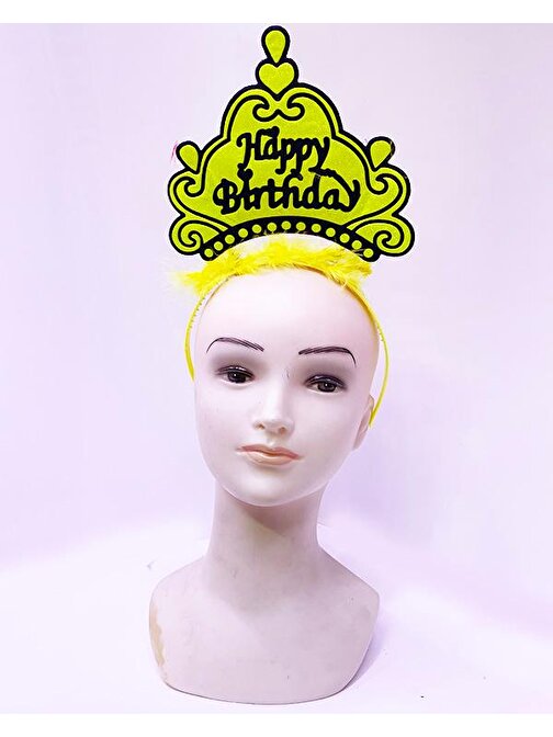 Happy Birthday Neon Sarı Renk Doğum Günü Tacı 24x15 cm (3877)