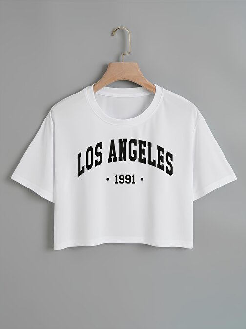 Kadın Los Angeles Baskılı Bisiklet Yaka Crop T-shirt