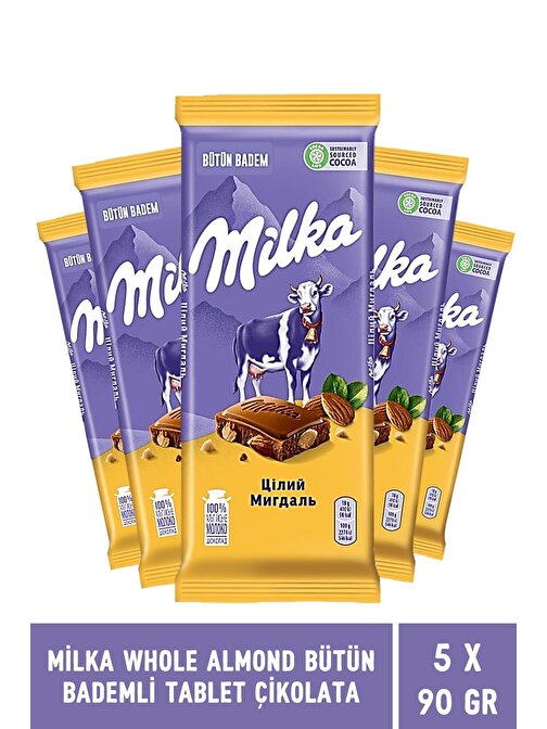 Milka Whole Almond Bütün Bademli Tablet Çikolata 90 gr - 5 Adet