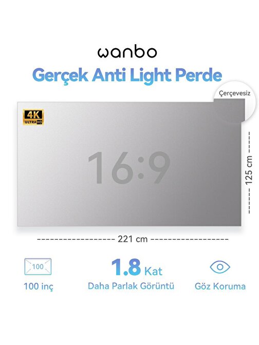 Wanbo 100 inç Anti-Light Projeksiyon Perdesi 221x125 cm
