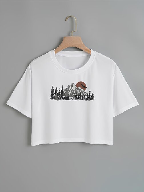 Kadın Mountain Baskılı Bisiklet Yaka Oversize Crop T-shirt