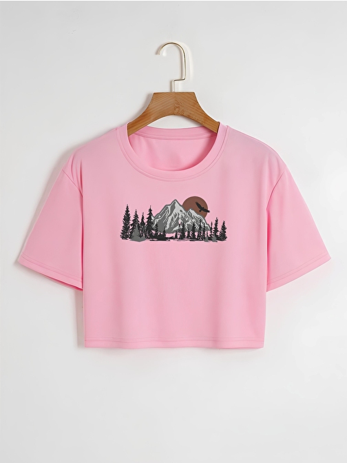 Kadın Mountain Baskılı Bisiklet Yaka Oversize Crop T-shirt