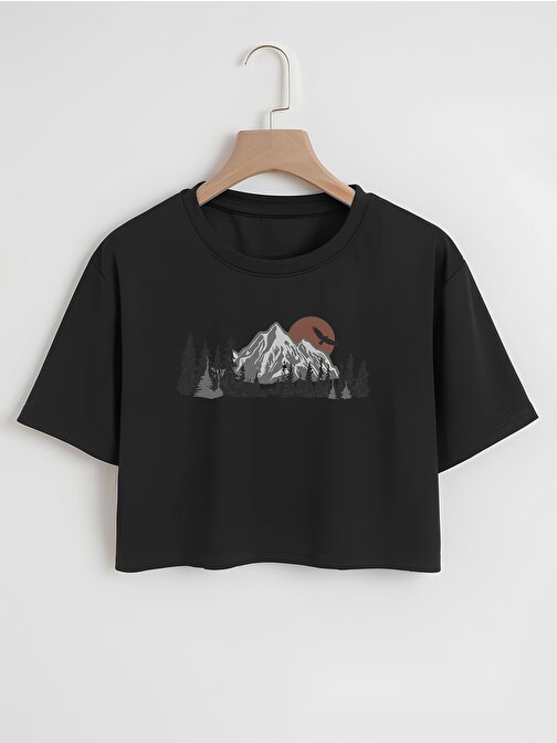 Kadın Mountain Baskılı Bisiklet Yaka Oversize Crop T-shirt