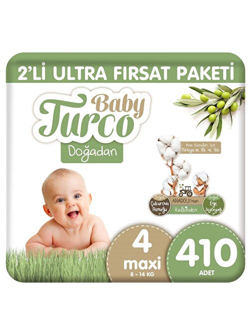 Baby Turco Doğadan 2'li Ultra Fırsat Paketi Bebek Bezi 4 Numara Maxi 410 Adet