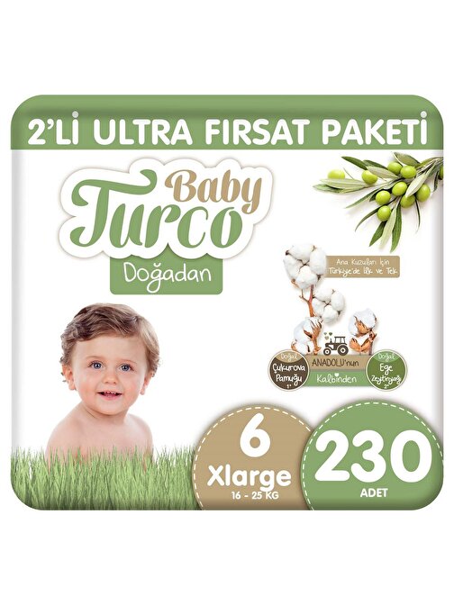 Baby Turco Doğadan 2'li Ultra Fırsat Paketi Bebek Bezi 6 Numara Xlarge 230 Adet