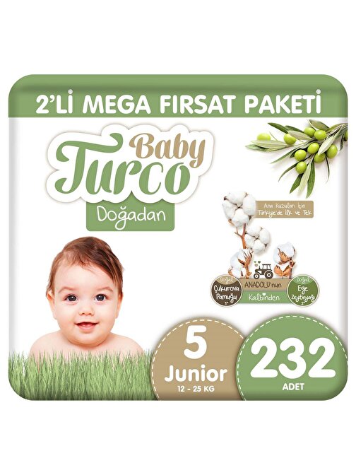 Baby Turco Doğadan 2'li Mega Fırsat Paketi Bebek Bezi 5 Numara Junior 232 Adet