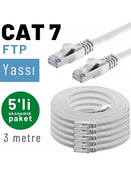 5 adet 3 metre IRENIS CAT7 Kablo Yassı FTP Ethernet Network LAN Kablosu