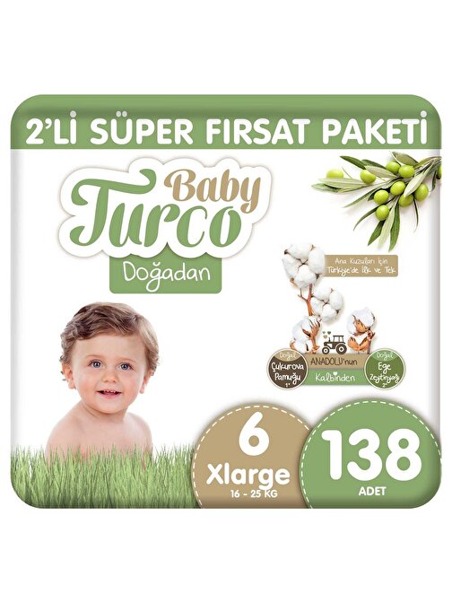 Baby Turco Doğadan 2'li Süper Fırsat Paketi Bebek Bezi 6 Numara Xlarge 138 Adet
