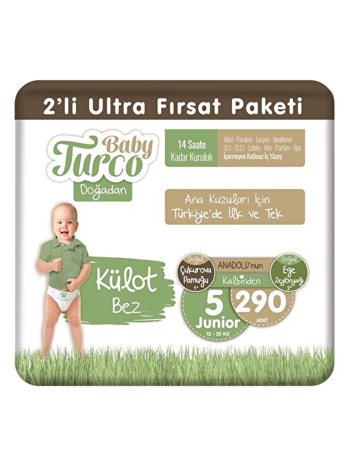 Baby Turco Doğadan 2'li Ultra Fırsat Paketi Külot Bez 5 Numara Junior 290 Adet