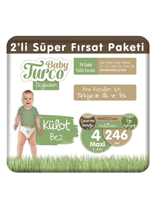Baby Turco Doğadan 2'li Süper Fırsat Paketi Külot Bez 4 Numara Maxi 246 Adet