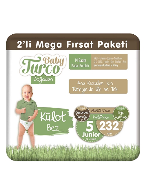 Baby Turco Doğadan 2'li Mega Fırsat Paketi Külot Bez 5 Numara Junior 232 Adet