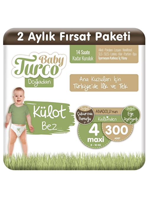 Baby Turco Doğadan Külot Bez 4 Numara Maxi 300 Adet