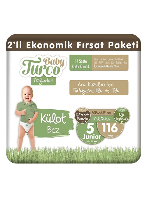 Baby Turco Doğadan 2'li Ekonomik Fırsat Paketi Külot Bez 5 Numara Junior 116 Adet