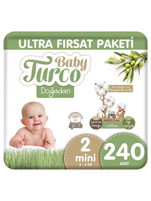Baby Turco Doğadan Ultra Fırsat Paketi Bebek Bezi 2 Numara Mini 240 Adet