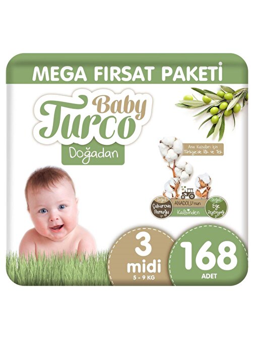 Baby Turco Doğadan Mega Fırsat Paketi Bebek Bezi 3 Numara Midi 168 Adet