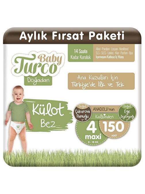 Baby Turco Doğadan Külot Bez 4 Numara Maxi 150 Adet
