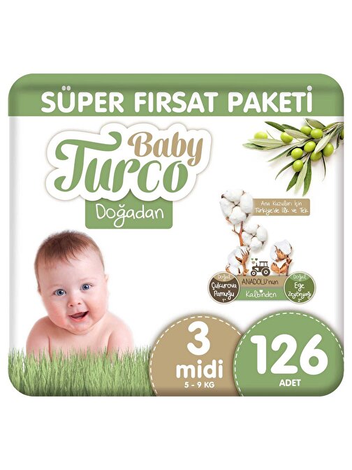Baby Turco Doğadan Süper Fırsat Paketi Bebek Bezi 3 Numara Midi 126 Adet