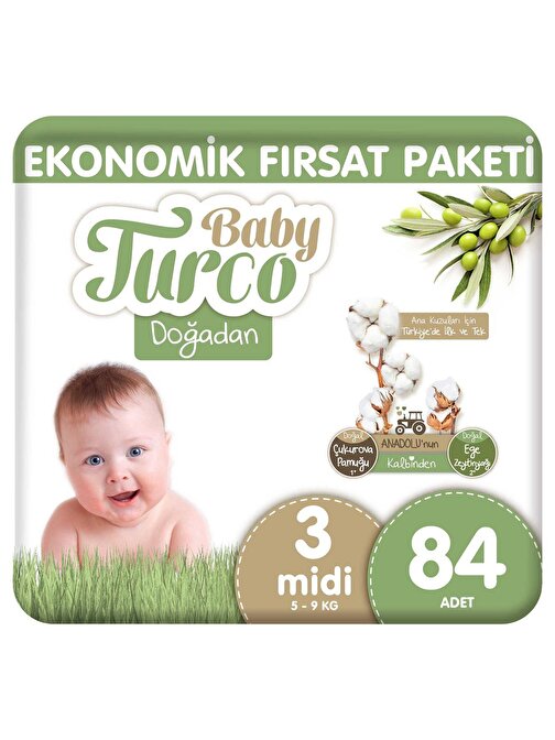 Baby Turco Doğadan Ekonomik Fırsat Paketi Bebek Bezi 3 Numara Midi 84 Adet