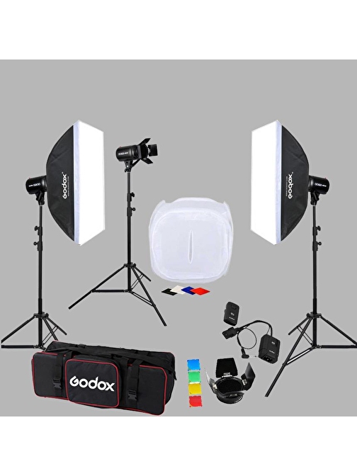 Godox E250 3'lü Paraflaş Set + Çekim Çadırı 120x120 cm