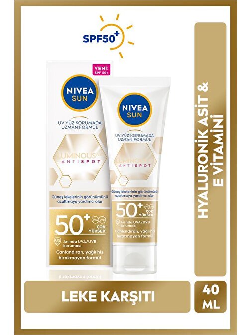 Luminous630 Leke Karşıtı Güneş Koruyucu Yüz Kremi 40ml, SPF50, Hyalüronik Asit, E Vitamini, UVA/UVB