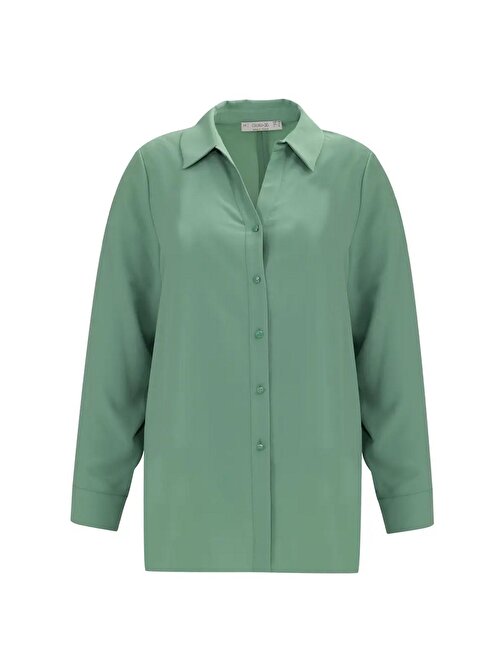 Gala-xi Gömlek Yaka Büyük Beden Uzun Kollu Yeşil Kadın Gömlek 10002411514004