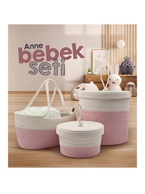 Jasper Jüt İp Hasır Pembe Anne Bebek Bakım Çantası Anne Bebek Set Organizeri