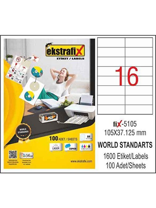 Ekstrafix Lazer Etiket 100 YP 105x37.125 Laser-Copy-Inkjet FİX-5105