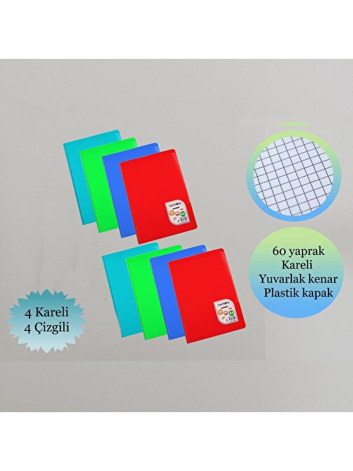 Çınar A4 60 Yaprak Colormaxi Spiralli Defter Plastik Kapak 4 Çizgili + 4 Kareli