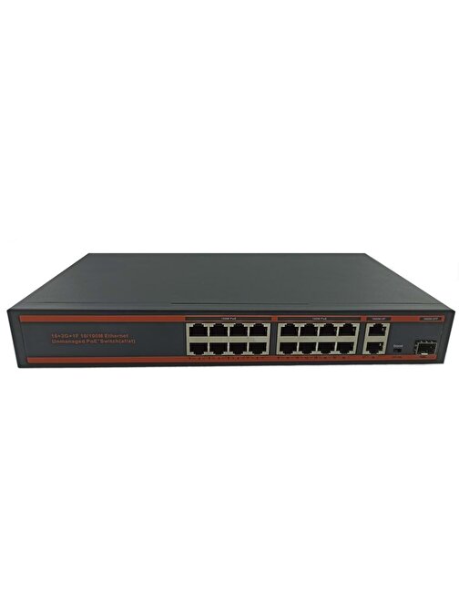 Nova ND1PD1622LG 16 Port Poe+ 10-100 Mbps 2 Port 10-100-1000 Mbps Uplink  2 Port SFP Switch 250W