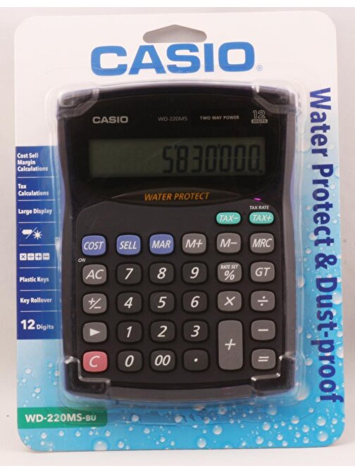 Casio WD-220MS-BU 12 Hane Suya-Toza Dayanıklı Masa Üstü Hesap Makinesi