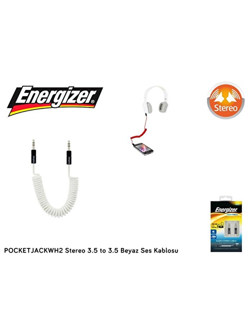 Energizer POCKETJACWH2 Stereo 3.5 to 3.5 Beyaz Ses Kablosu