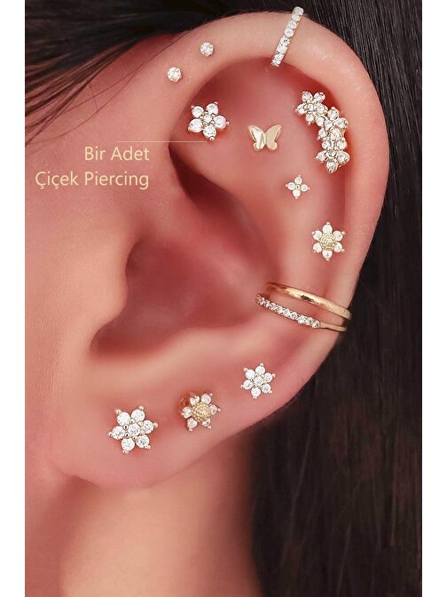 Çelik Çiçek Tragus Piercing Helix Kıkırdak Küpesi Gold Renk