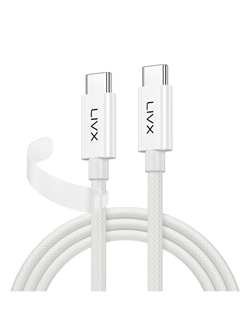 LivX White Type-C to Type-C 100W Hızlı Şarj 10Gbps Hızlı Veri Aktarımı PD3.1 Örgülü Beyaz 1 Metre Kablo BYZ-01